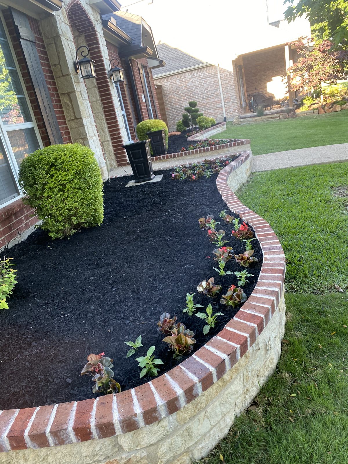 Brick border and mulch landscaping